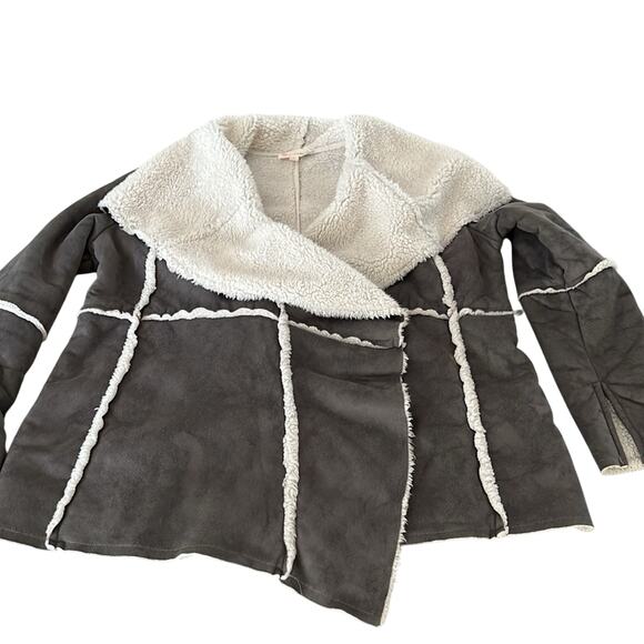 Women’s Gray Faux Suede Sherpa Jacket Fall Winter Coat Cute Fuzzy Cozy Size S - Picture 7 of 9
